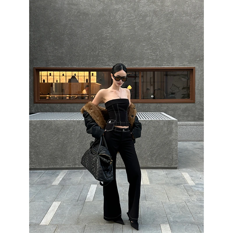 VENUIE【圣保罗耳语】美式复古抹胸上衣紧身微喇牛仔裤两件套24470