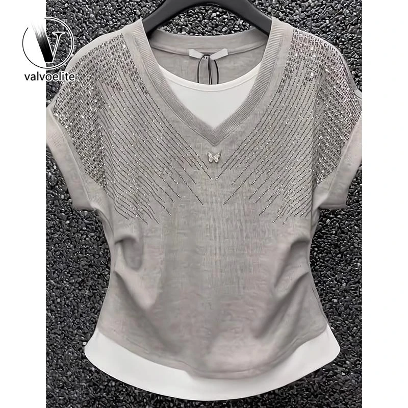 VALVOELITE重工短袖体恤女夏聚大码胖收腰遮肚假两件正肩灰色上衣