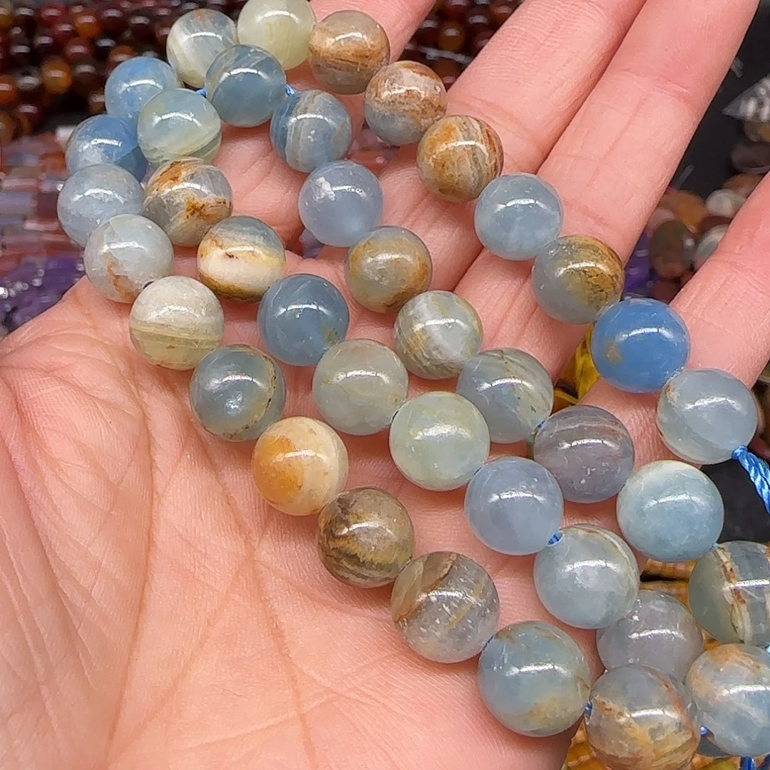 玛瑙/玉髓合金珠宝半成品蓝方解石10mm圆珠一条