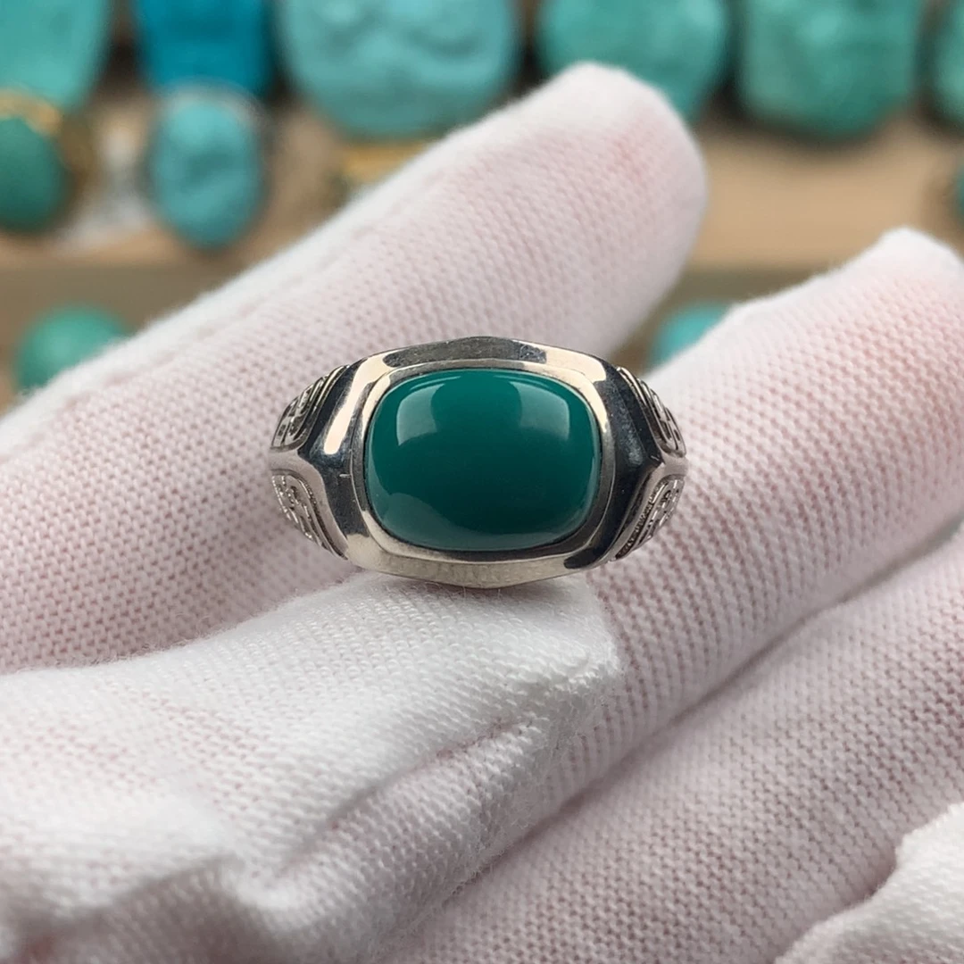 绿松石配饰银S925镶嵌男戒可调节