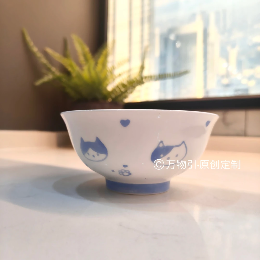 万物引 原创手绘猫咪系列蓝色系餐具釉下彩餐碗米饭碗面碗汤碗