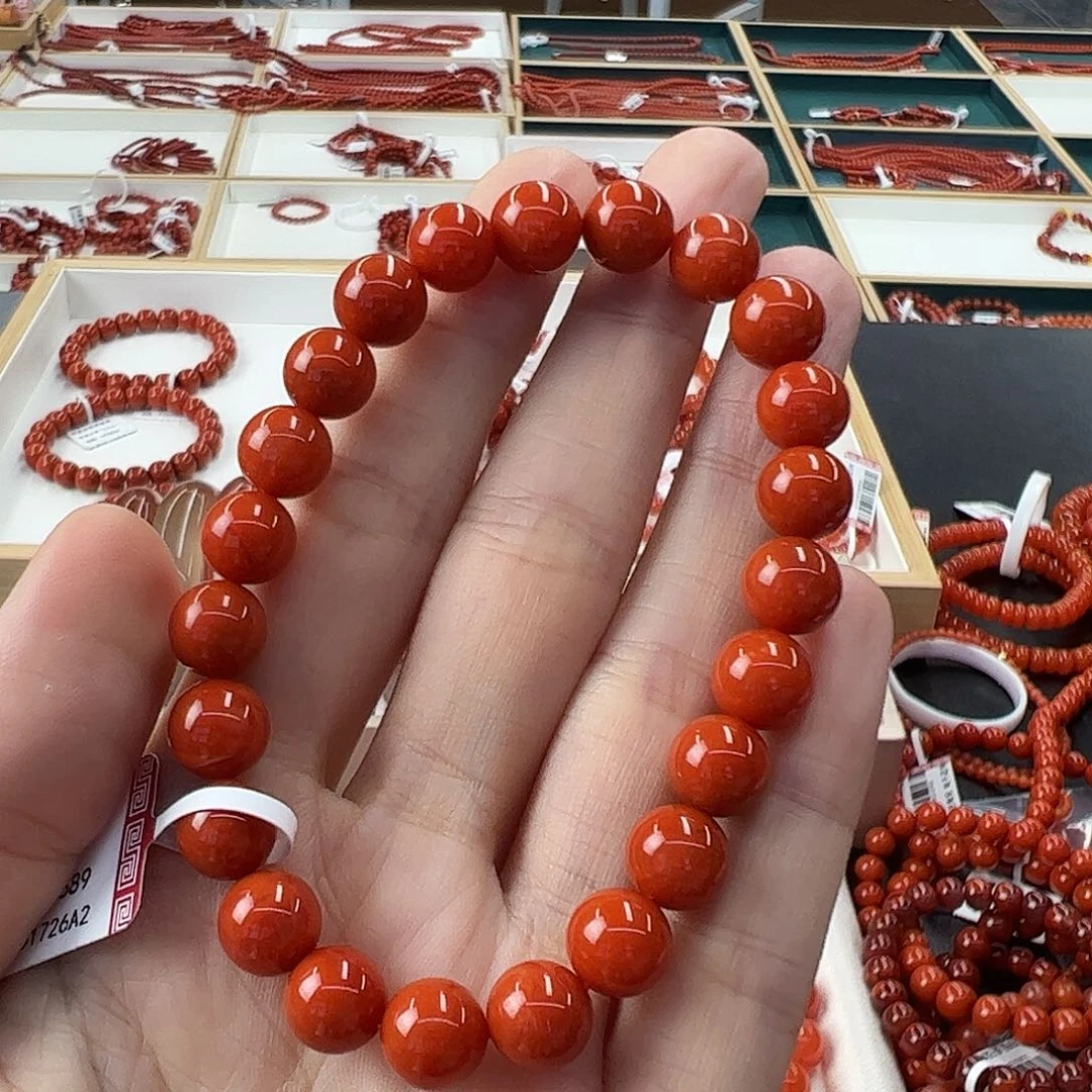 南红玛瑙未镶嵌C瓦西满色满肉柿子红8mm+收藏级