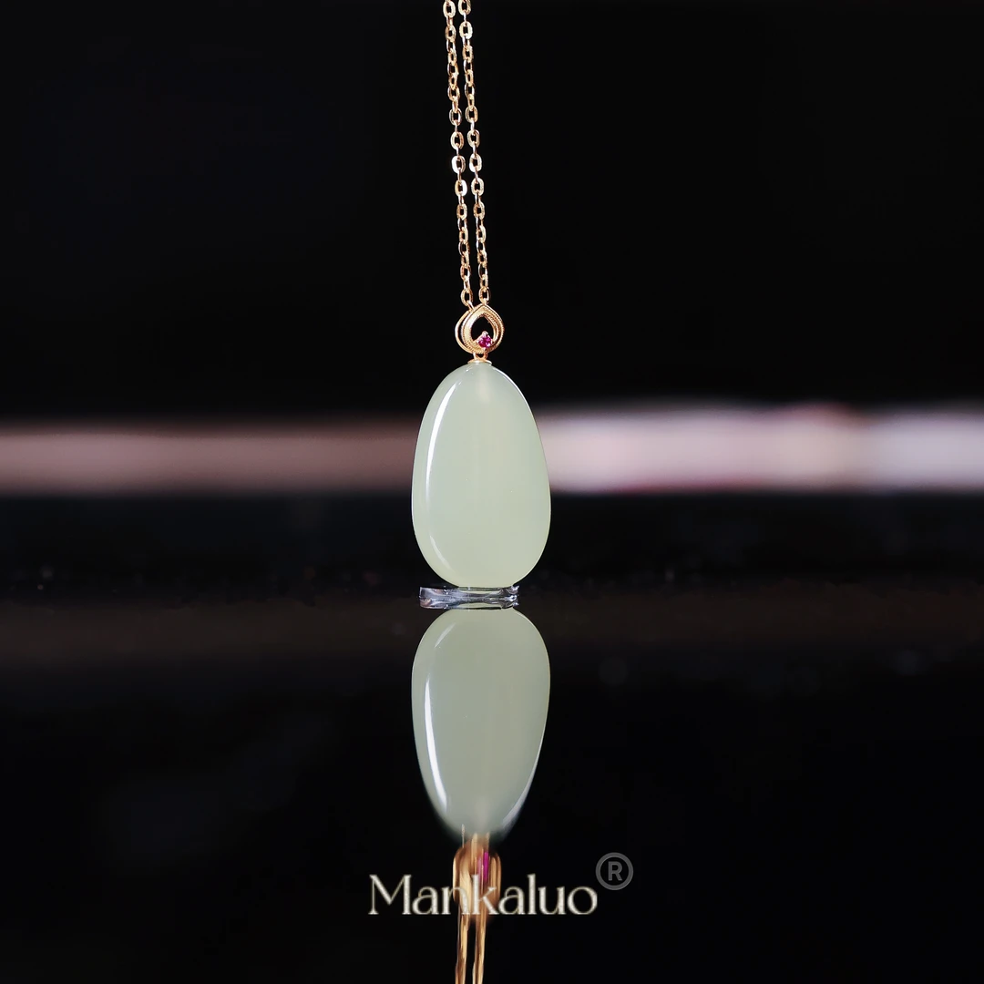 【沐莲·鉴】天然和田玉18k金时尚水滴吊坠项链（多样性发）