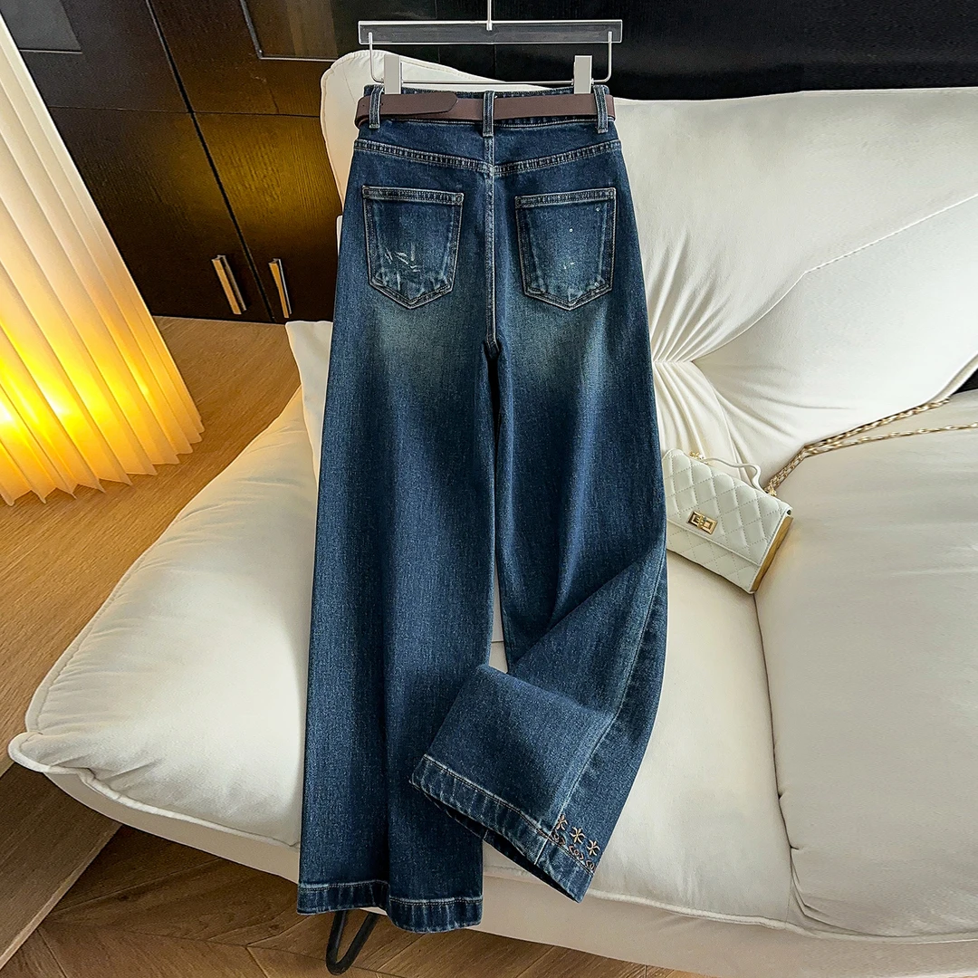 蓝色重工阔腿牛仔裤女2025新款秋季高腰显瘦宽松复古小个子直筒裤