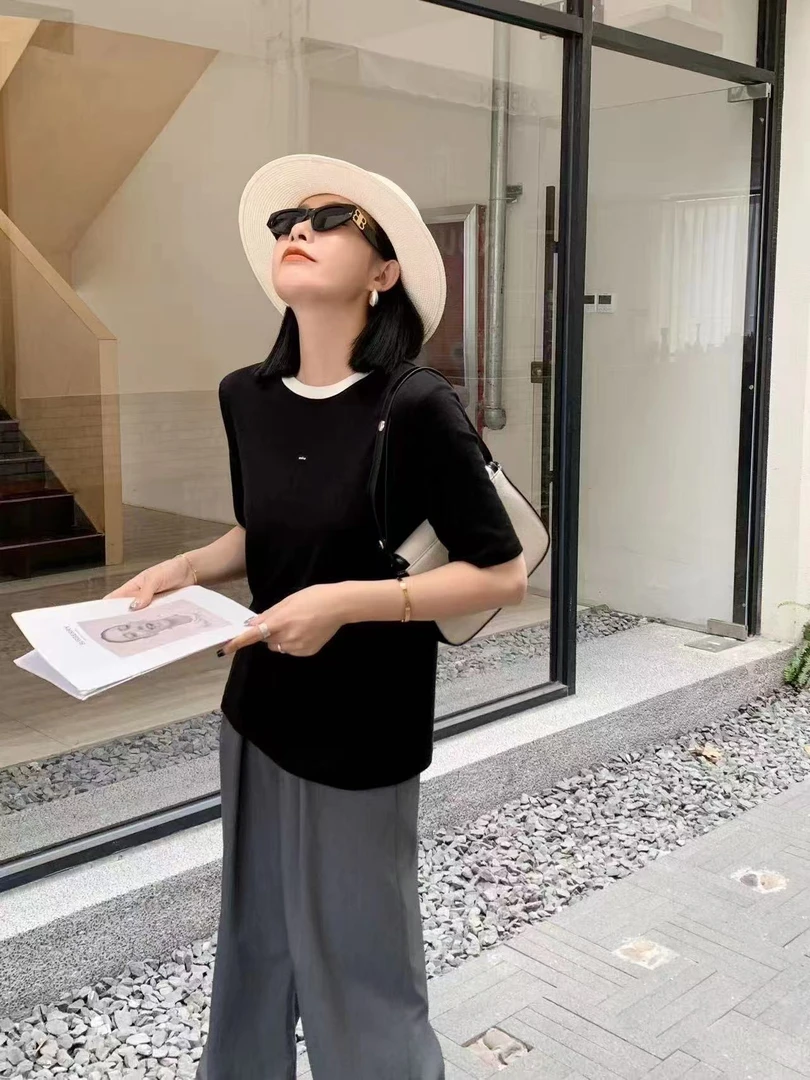 时尚简约拼接圆领天丝羊毛短袖上衣