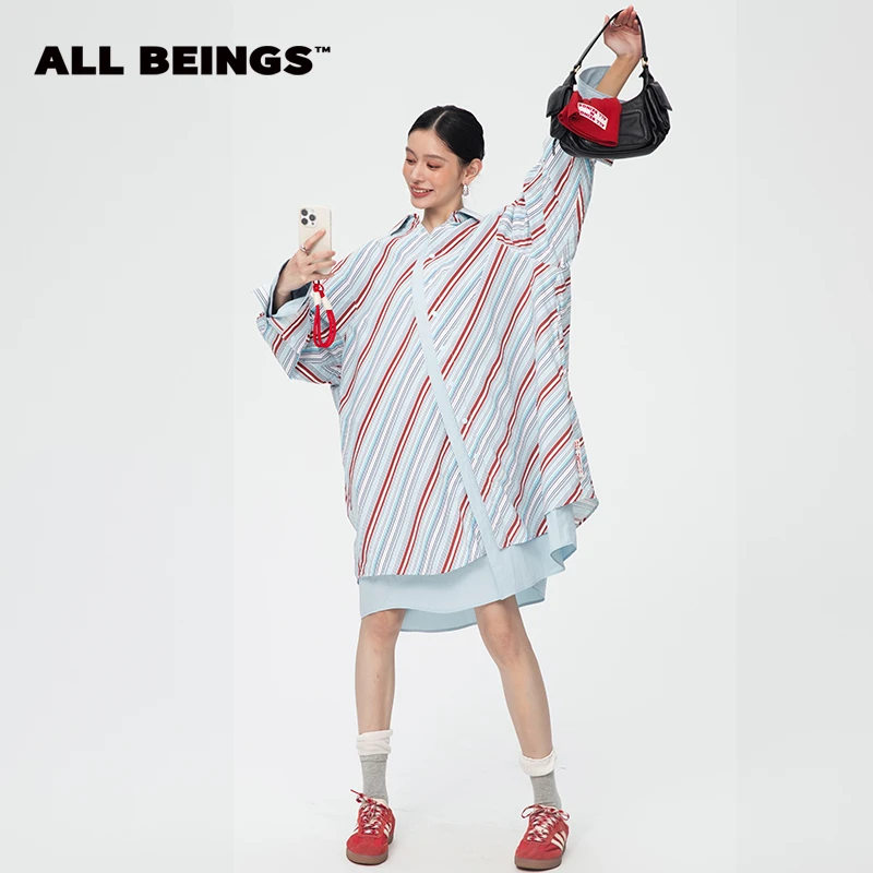 ALL BEINGS【年中折扣款】25春夏蓝色彩条大廓形叠拼衬衫撞色连衣裙