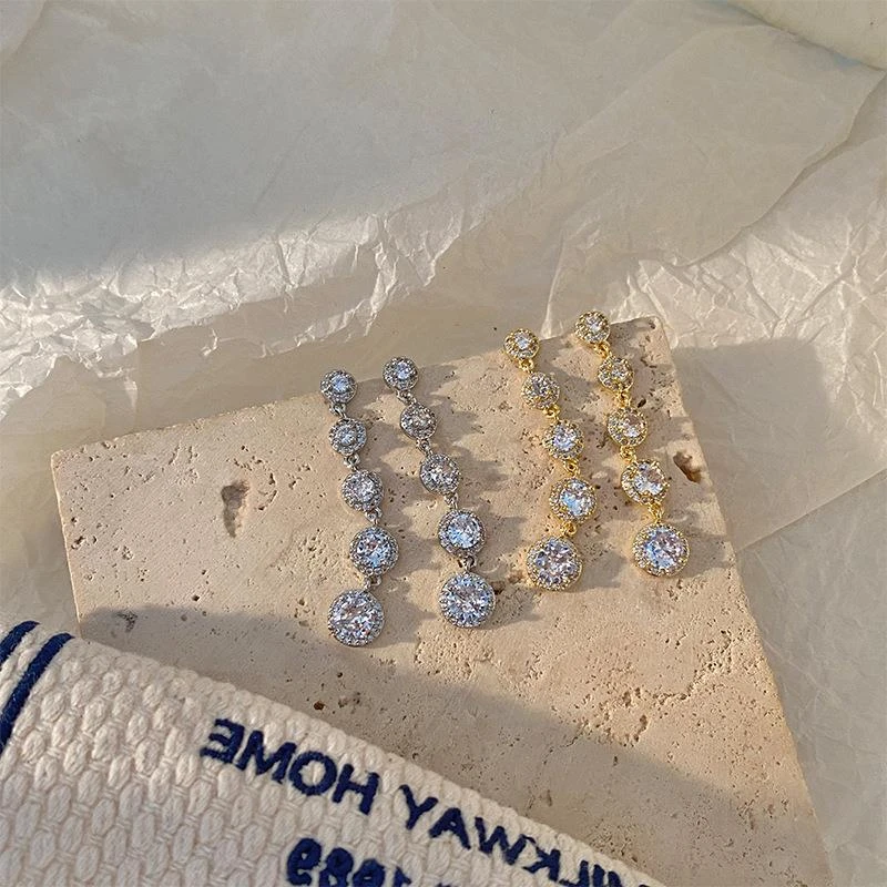 铜合金锆石耳饰 新款时尚银针耳环锆石长款精致高级轻奢亮设计感