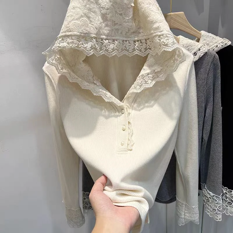 女童蕾丝拼接连帽长袖T恤中大童甜美坑条打底上衣春秋装新款外套