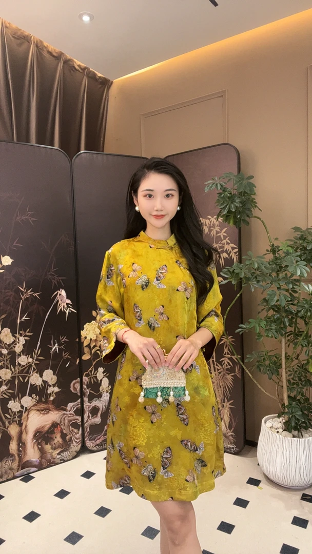 【福气翩翩】立领斜襟新中式原创蝴蝶复古中国风连衣裙婷T321