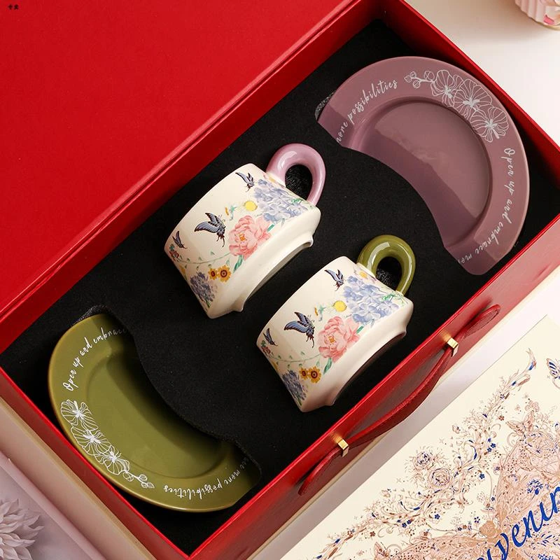 覆古法式陶瓷杯碟紫薇花油画画般咖啡杯碟下午茶套装马克杯伴手礼