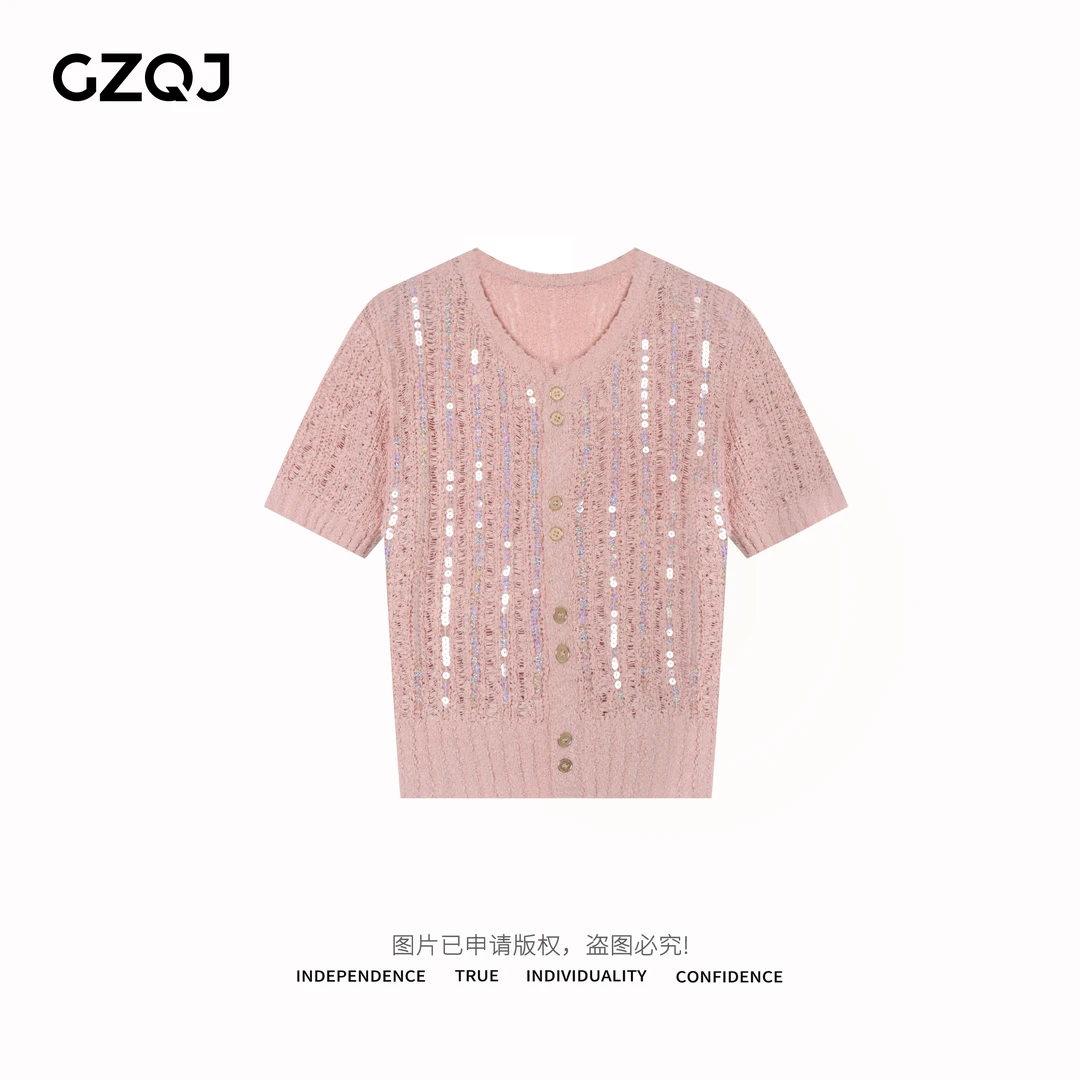 广州琴姐【春藤流光】欧若风亮片镂空针织开衫短袖上衣女夏季3607