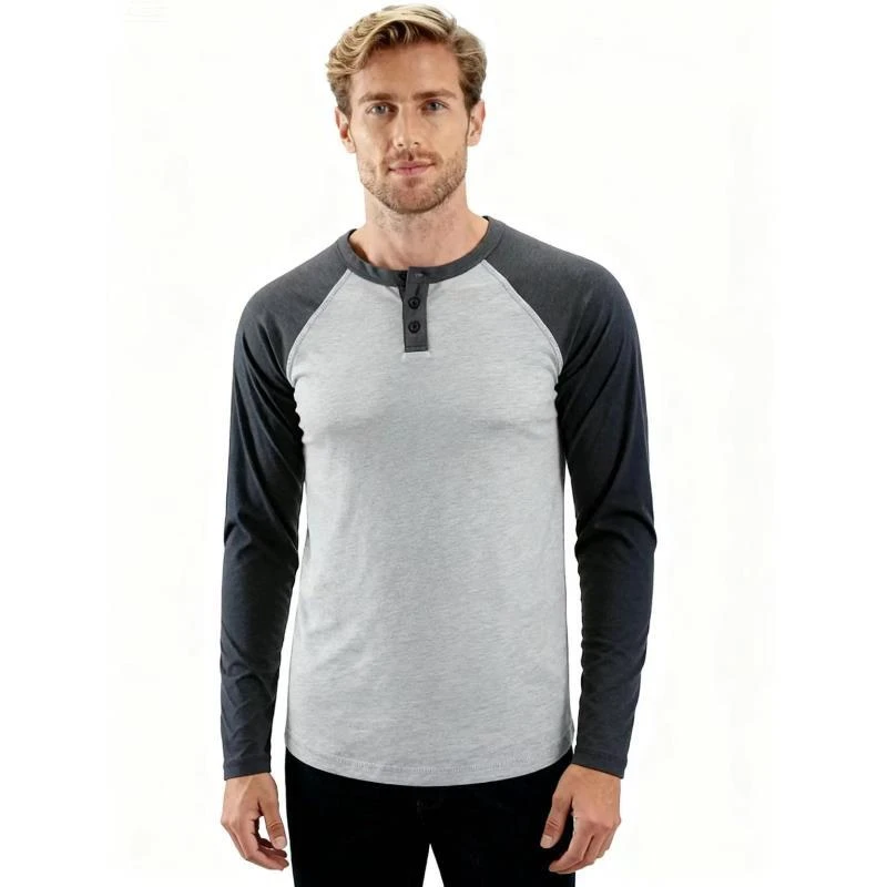 男士亨利领拼接插肩袖撞色长袖T恤运动休闲上衣 S16