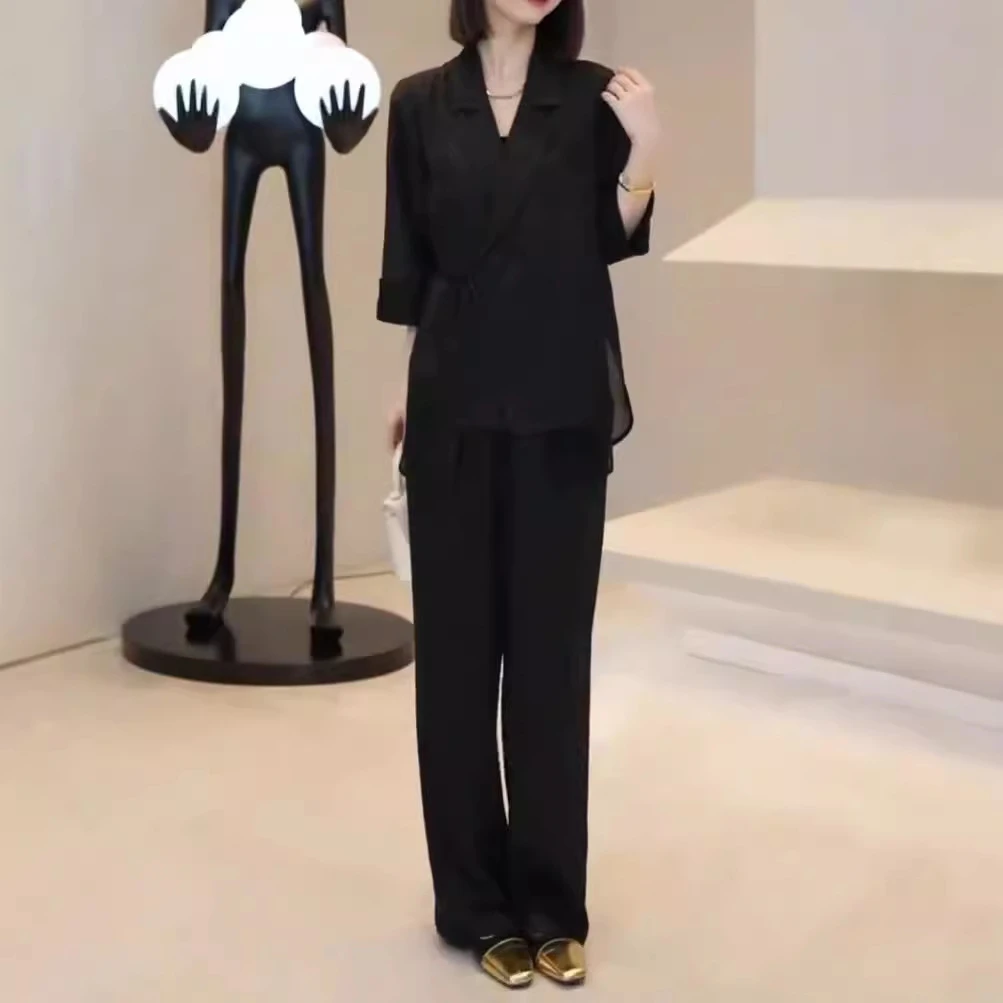 24730大爱美依缘2025新款时尚高级感翻领系带西服套装宽松显瘦女