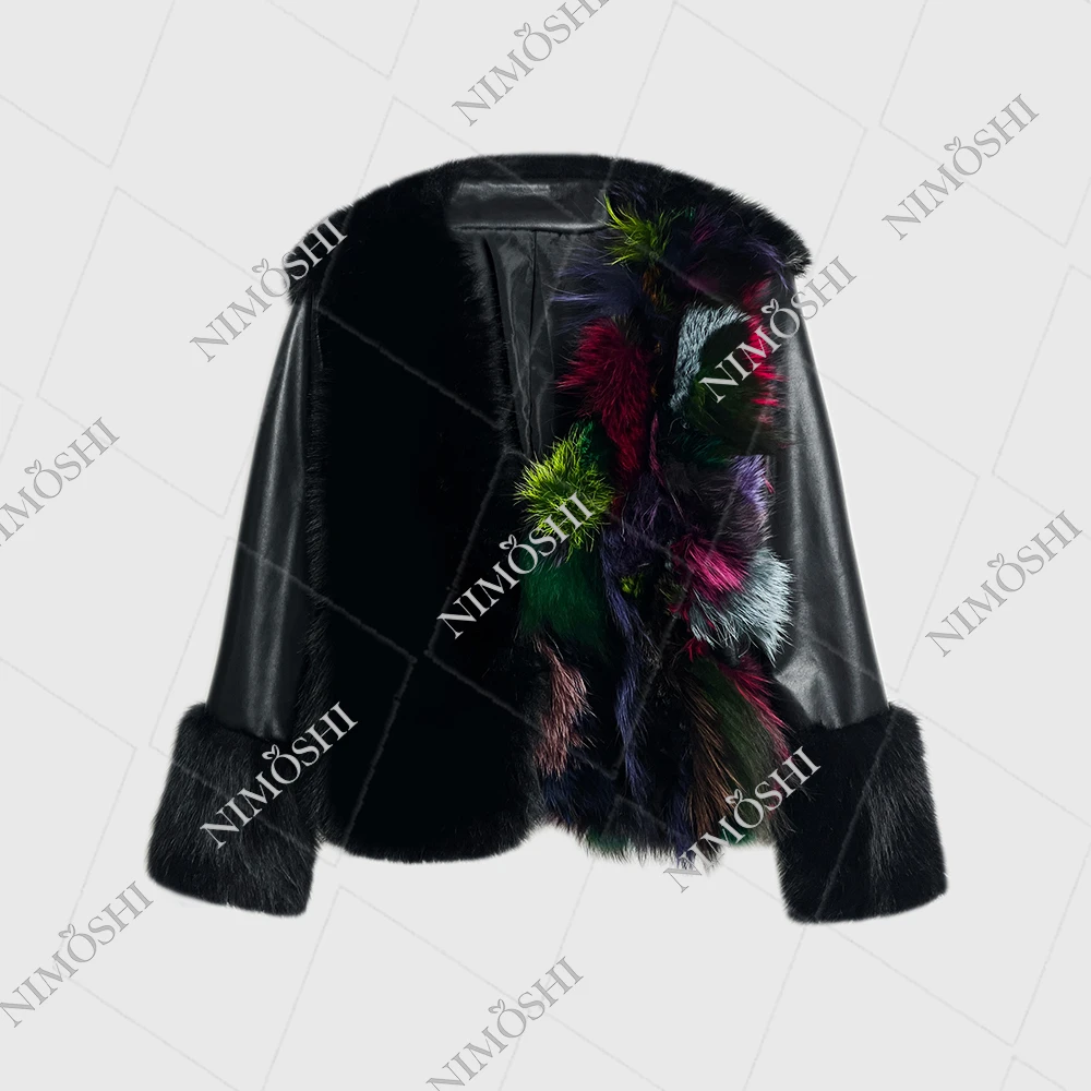 NIMðSHI【莎莎】新款欧式高级拼皮撞色毛外套保暖加厚时尚百搭L5135