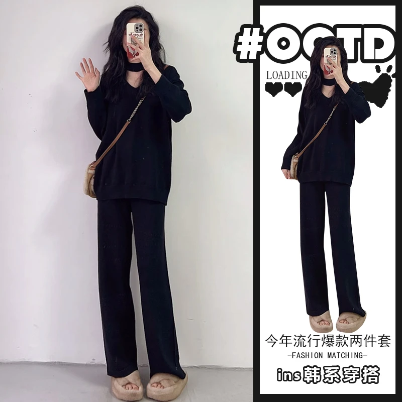 大码女装胖mm慵懒风挂脖针织衫上衣毛衣阔腿裤女秋冬显瘦宽松套装