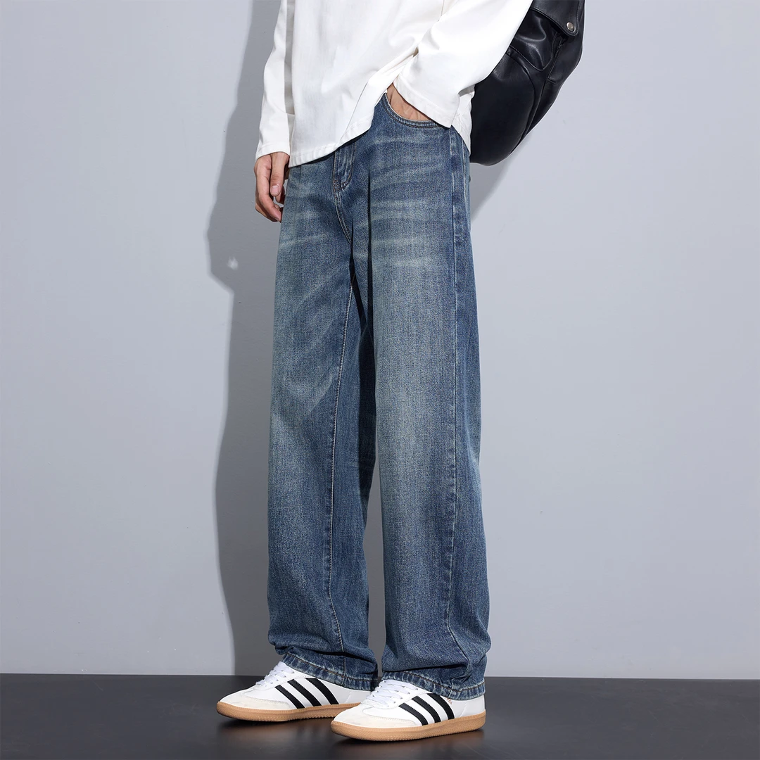 Kuvine男士耐磨牛仔裤2025秋季宽松直筒高街复古美式水洗阔腿裤子
