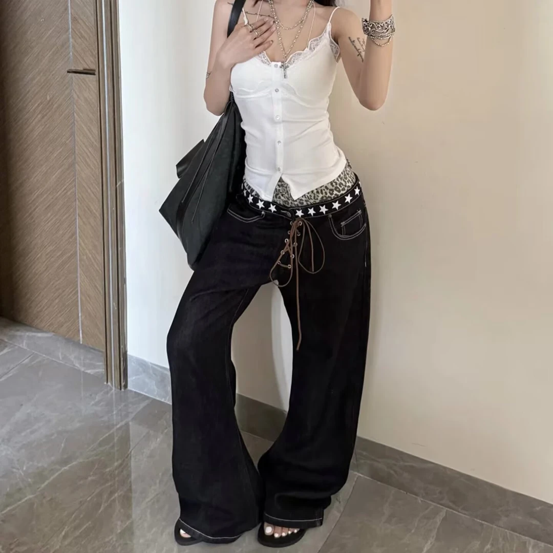 美式复古豹纹拼接双腰头星星牛仔裤男女宽松阔腿拖地y2k亚比系裤