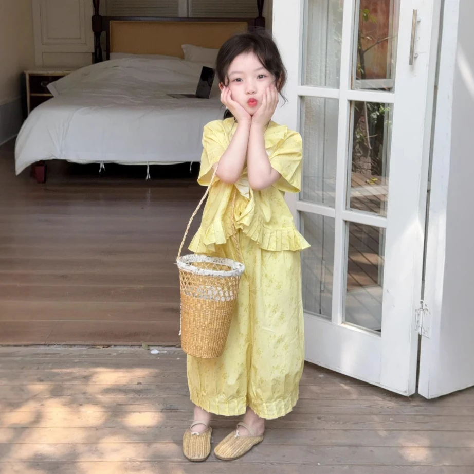 女童套装2025夏季新款中小童韩版短袖上衣儿童9分阔腿裤两件套潮