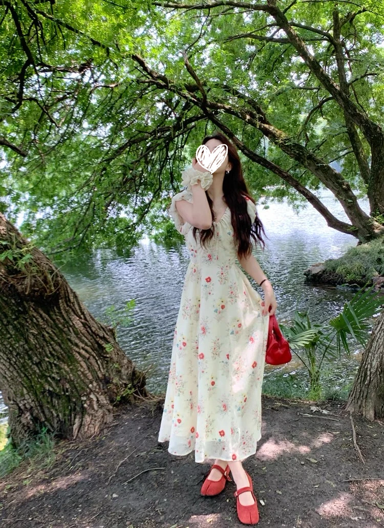 v领收腰碎花连衣裙#5681