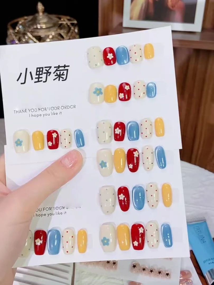 【小野菊】AB款 奶油色波点跳色蓝色猫眼显白 纯手绘纯手工穿戴甲