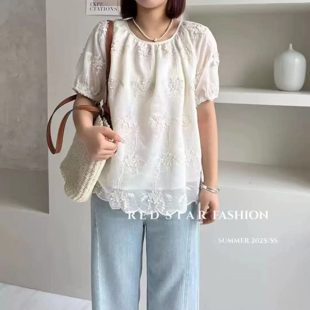 【2】刺绣花朵夏季复古长袖泡泡袖上衣衬衫甜辣千金风短袖