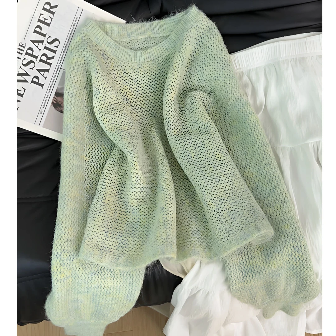 韩系软糯清新绿蝴蝶结毛衣女装秋季新款甜美森系设计感圆领针织衫