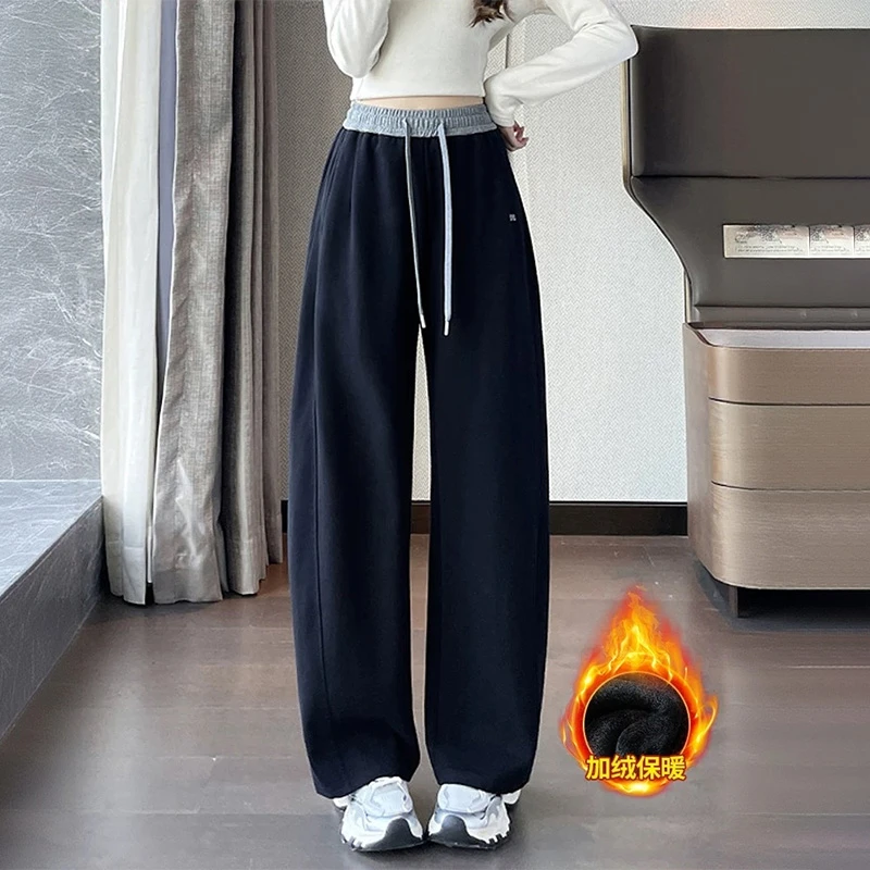 窄版阔腿裤女秋冬弯刀裤香蕉裤加绒美式撞色九分运动休闲直筒卫裤