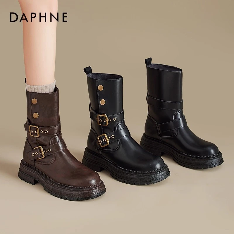达芙妮加绒马丁靴女款2025爆款冬季加绒女鞋棕色美拉德靴子小短靴