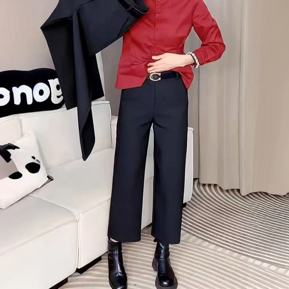 黑色休闲西装裤女2025春季新款大码梨形身材宽松显瘦小个子直筒裤