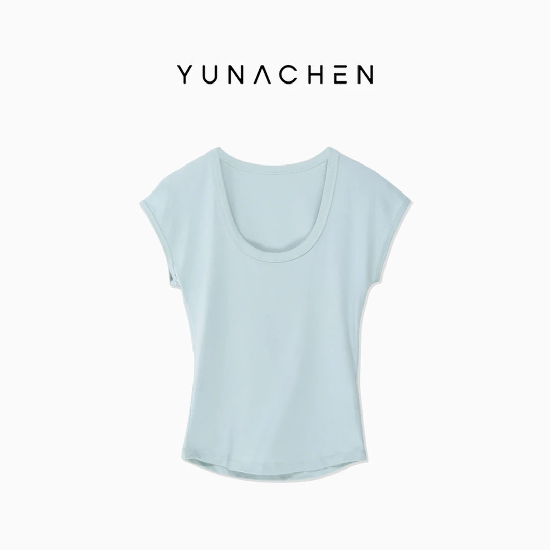 Yuna【诗尔】2025新款夏天纯色修身U领小飞袖正肩显瘦款短袖T恤YD19