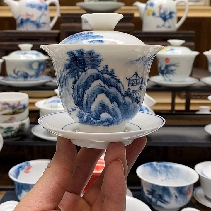 手绘微瑕山水盖碗