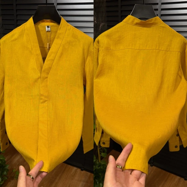 8035纯麻料欧货青春潮流男士时尚百搭潮流帅气V领长袖亚麻衬衫