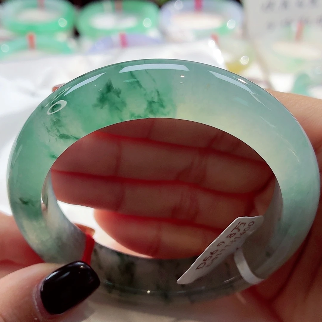 翡翠未镶嵌手镯绿水青山冰飘花68-37