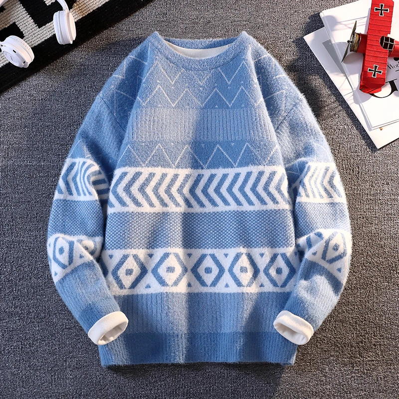 【高品质】2025秋冬季时尚潮流圆领印花毛衣男士保暖舒适针织衫5719