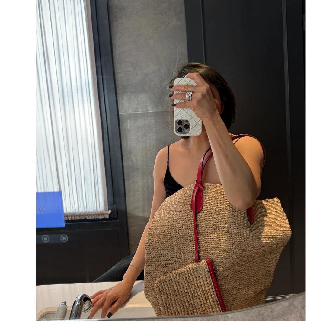 COCOLINDA | 红色牛皮加拉拉草编织手提包 B2134