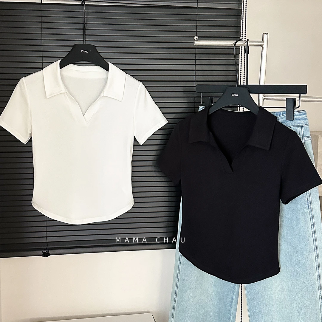 「MUMU CHAU」【气质女神】POLO领正肩短袖T恤女夏季显瘦上衣【LX6828】