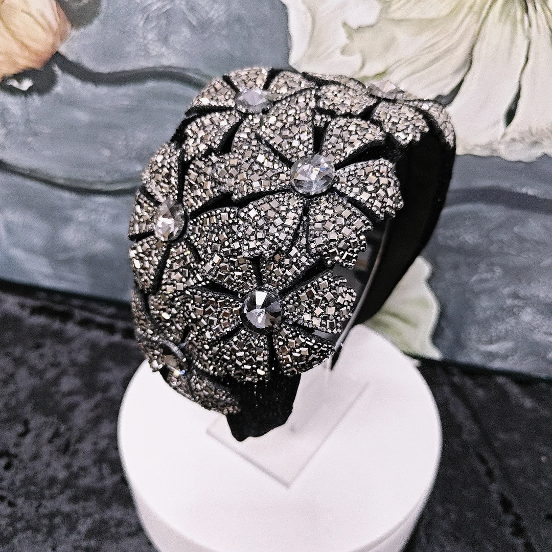 【四季繁花】轻奢宽版枪金钻立体花朵时尚洋气黑色发箍宽边头饰头箍