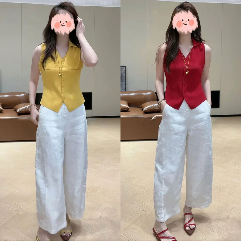 夏季新款POLO领无袖修身显瘦针织上衣时尚设计感百搭阔腿裤套装女