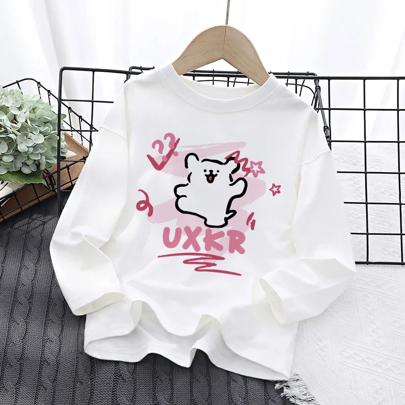 春秋新款男女童纯棉长袖t恤趣味线条小狗印花时尚百搭中大童上衣