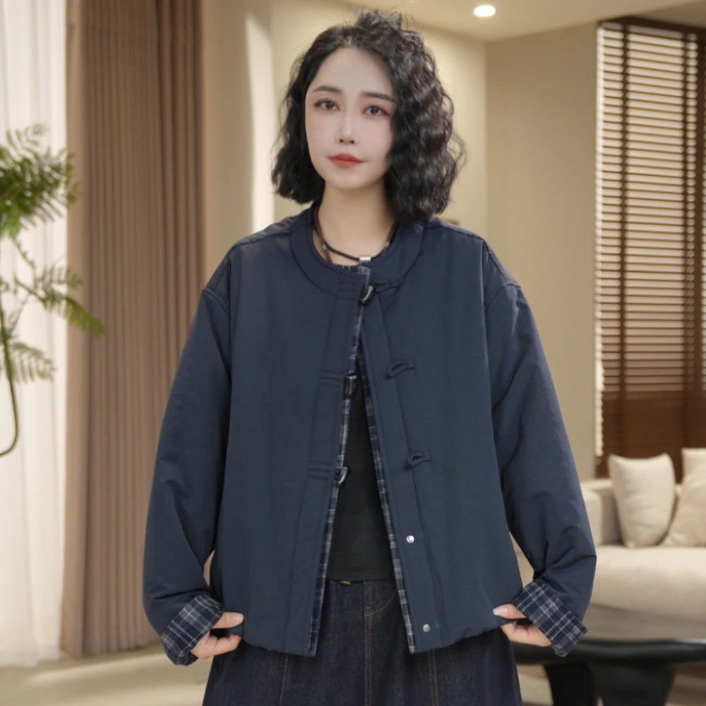 Z00 短款长袖圆领棉衣厚款棉服中式不褪色立领拼接宽松女装休闲