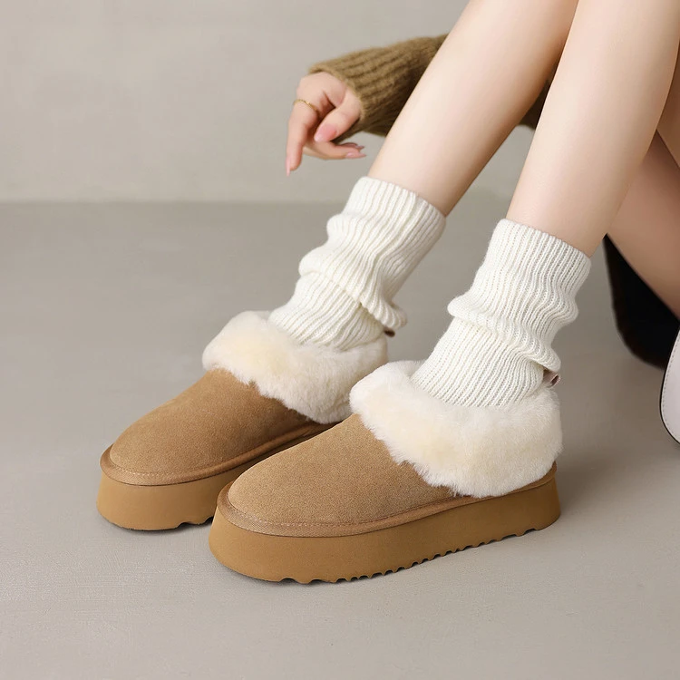 牛反皮~4.5cm厚底加绒加厚保暖雪地靴女款毛毛鞋东北大棉鞋面包鞋