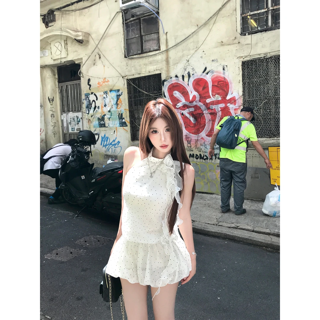 Mejiu蜜九【波兰童话】设计感无袖挂脖连衣裙女夏季甜欲法式裙子