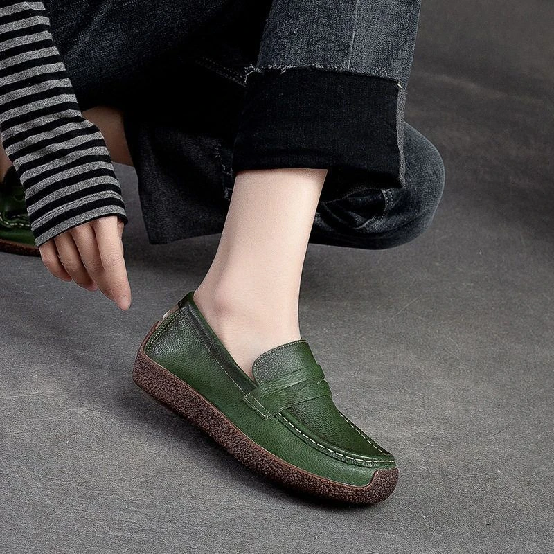 新款平底擦色女鞋复古擦色防踢单鞋头层牛皮豆豆鞋