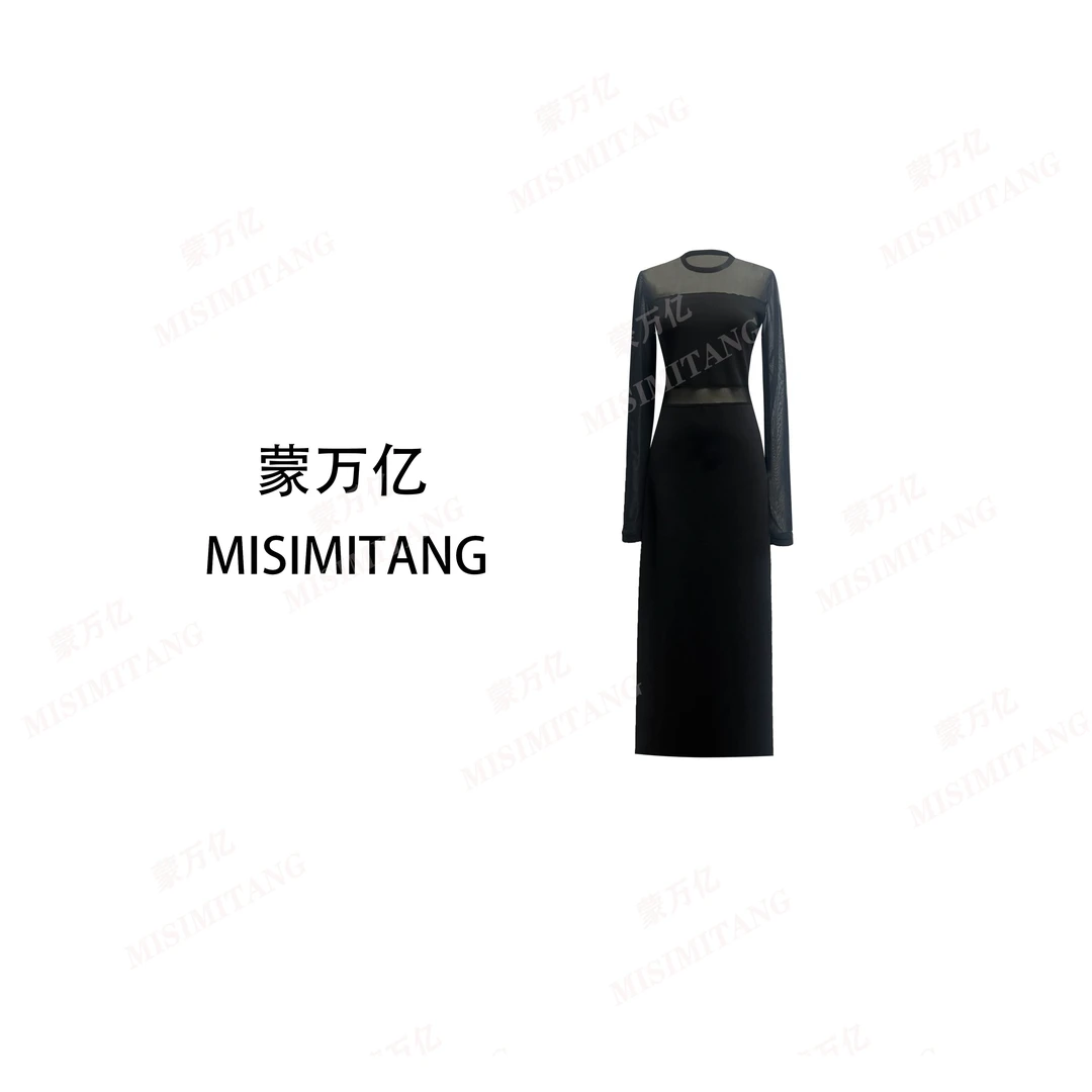【露思宝宝】新款时尚长袖修身黑色网纱拼接女装连衣裙显瘦轻奢打底