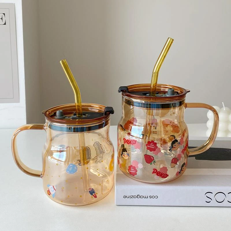 玻璃杯女生高颜值把手杯子大容量新款家用喝水ins网红带盖吸管杯