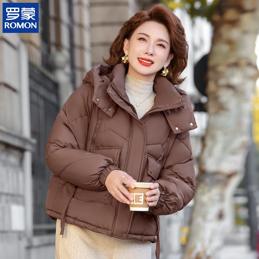 罗蒙时尚纯色冬款妈妈装中年防风连帽保暖外套中老年女装冬季棉衣