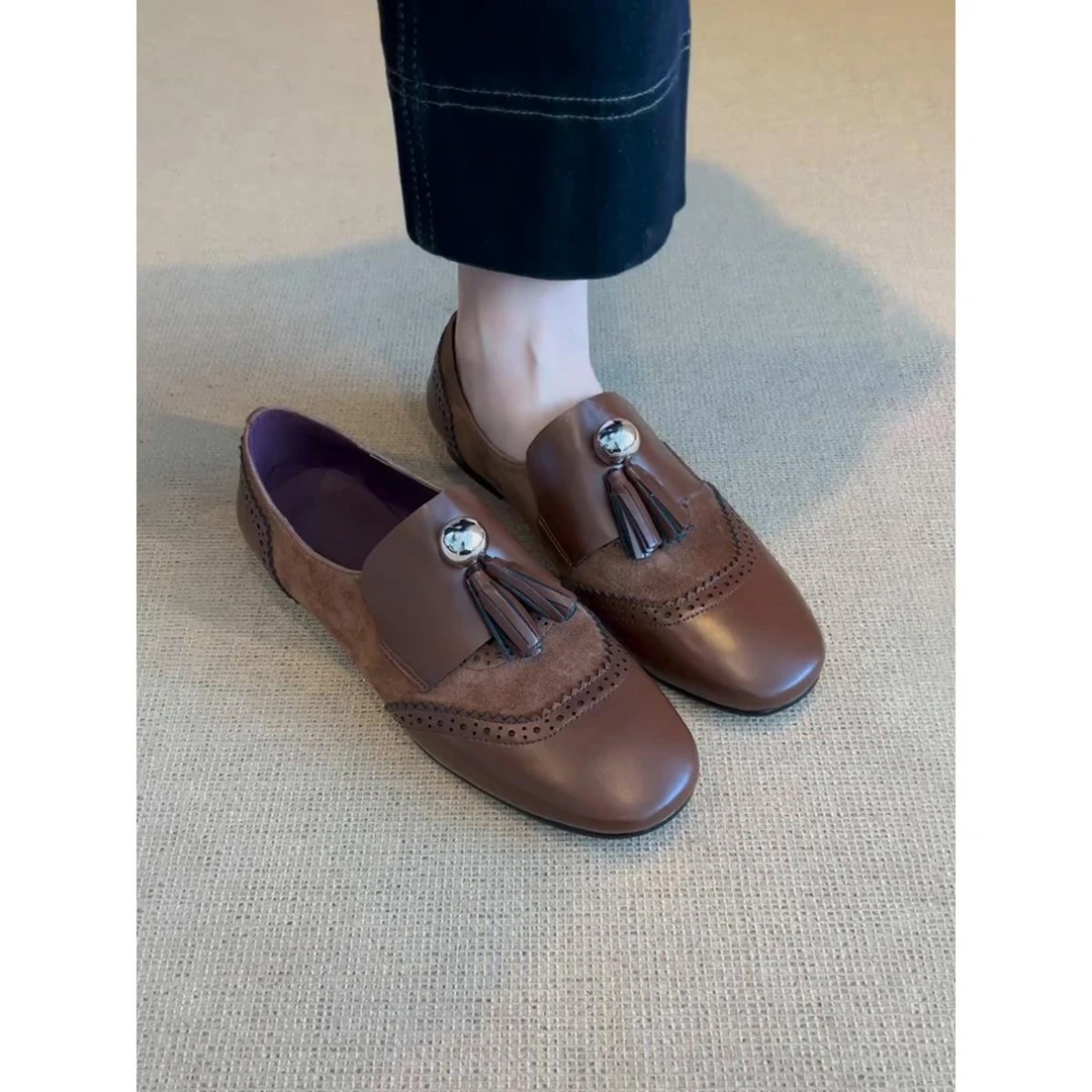 牛皮版~复古流苏圆头乐福鞋布洛克雕花英伦风平底一脚蹬小皮鞋女