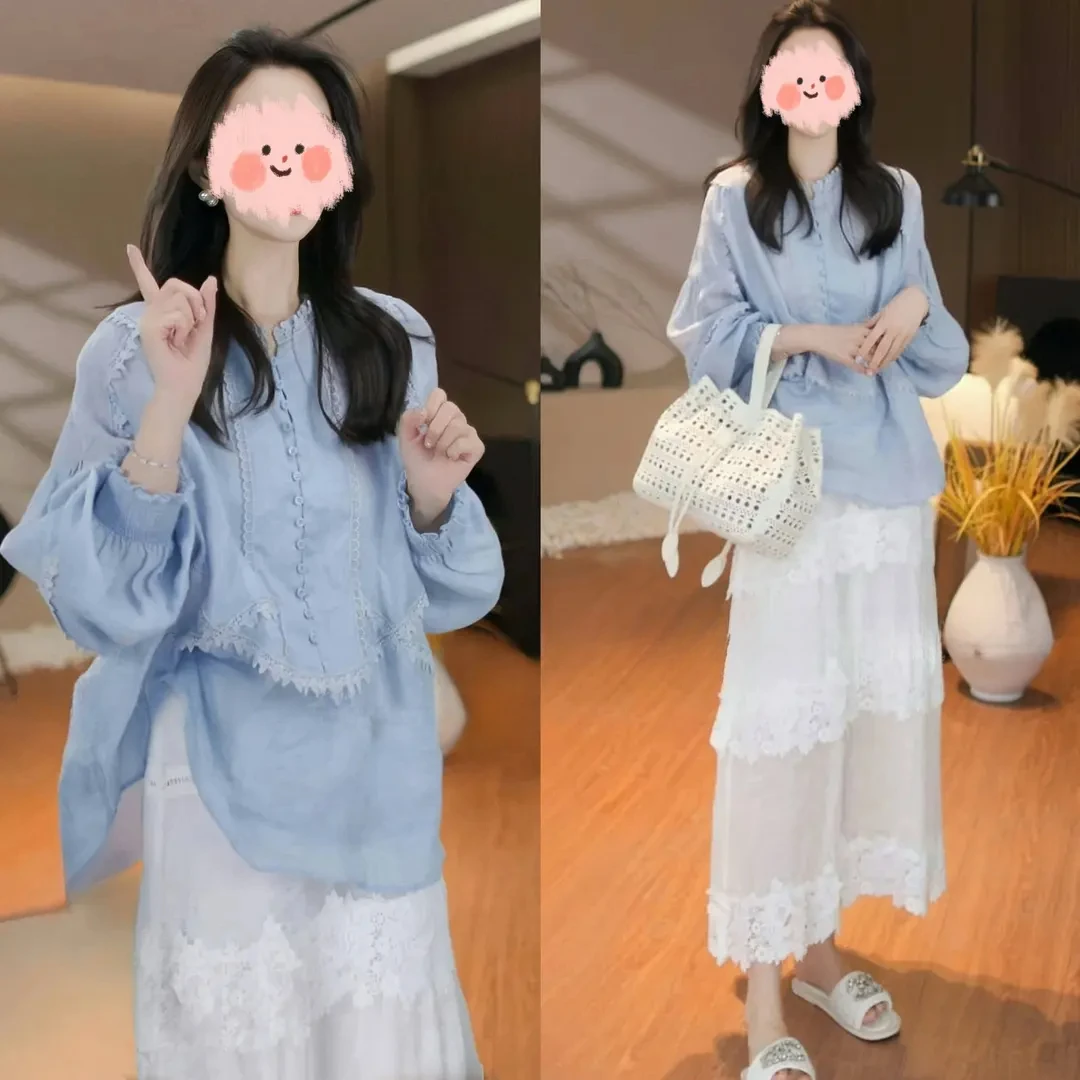 小众炸街高级感女装春季时尚花边长袖衬衫百搭蕾丝半身裙气质套装