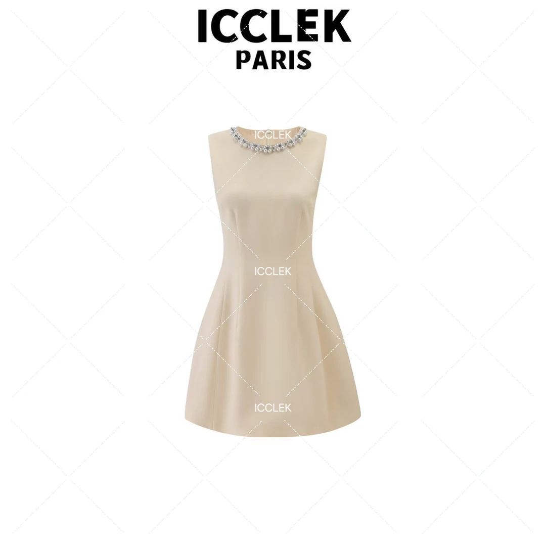 ICCLEK 杏色圆领珍珠收腰连衣裙显瘦气质名媛百搭夏季裙子 - 1377