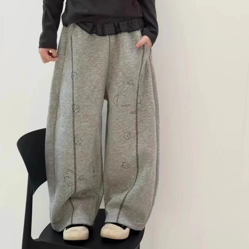 女童加绒休闲裤2025新款秋冬新款阔腿裤儿童直筒裤中大童加厚卫裤